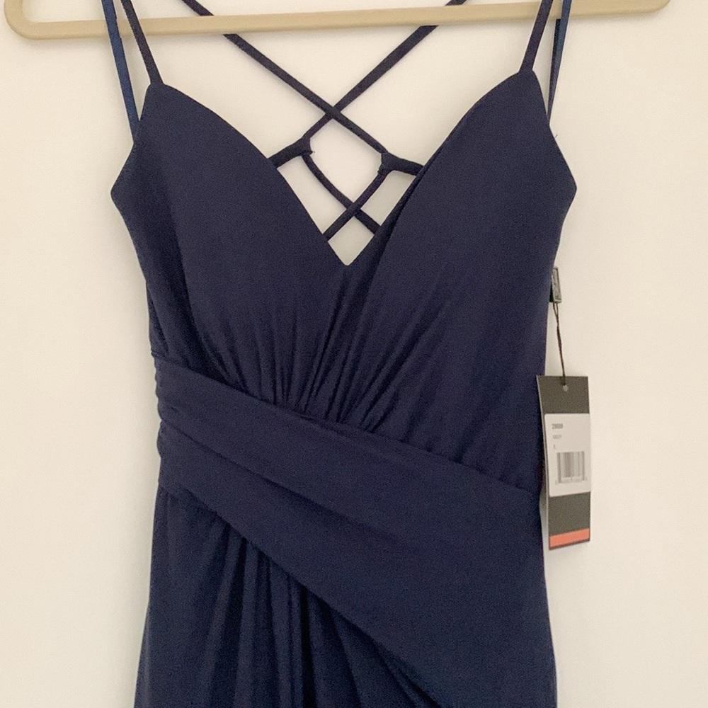 La Femme Navy Blue Backless Spaghetti-Strap Evening Gown - Picture 4 of 8